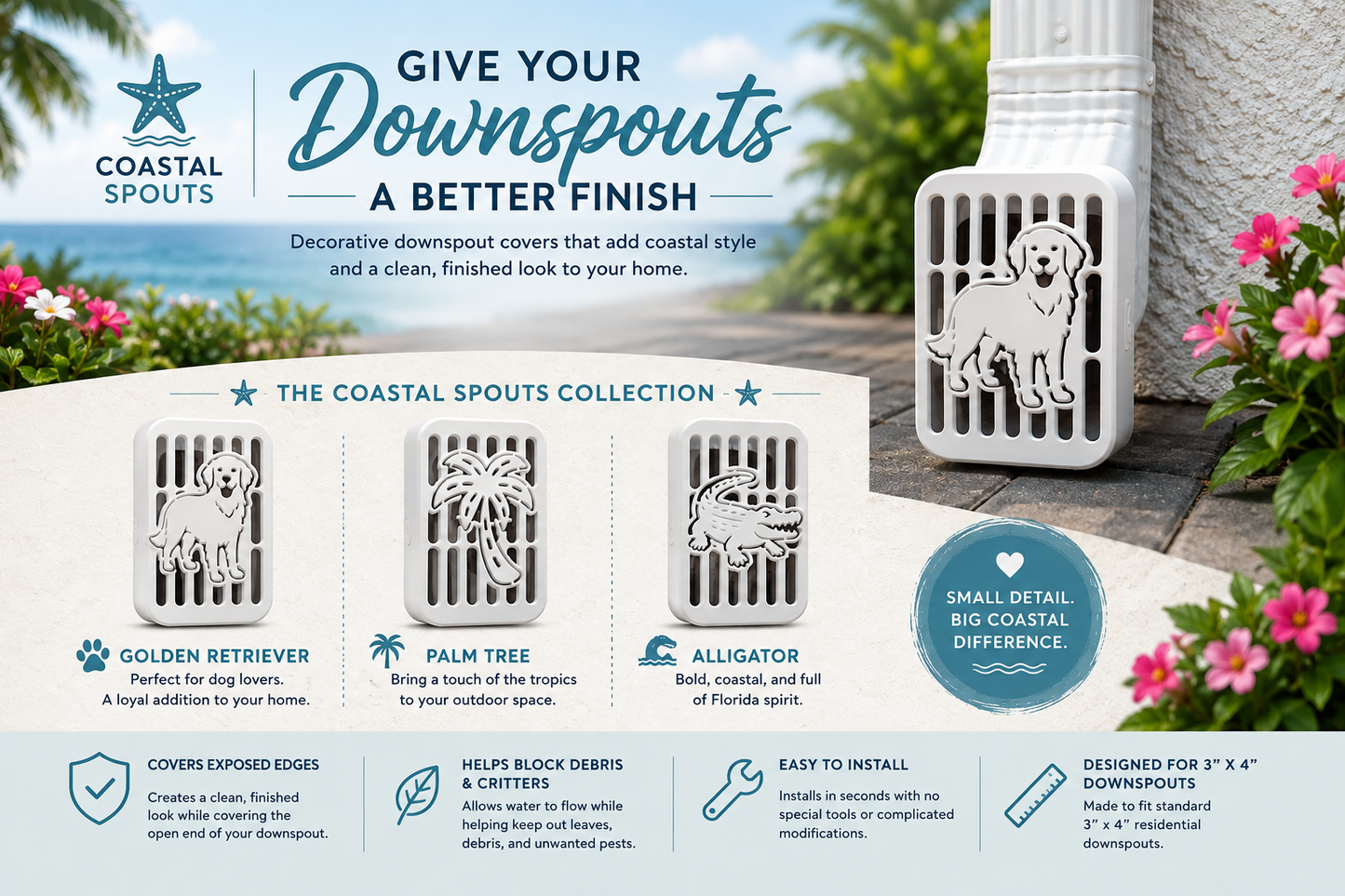 Fixed Decorative Downspout Cover – Fits 3x4 Downspouts | Coastal Spouts