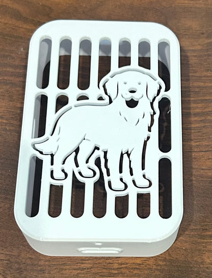 Golden Retriever dog decorative gutter spout cover, custom pet-themed downspout cap for home exteriors by Coastal Spouts